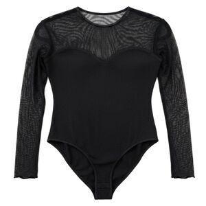 Z Collection New York Vintage 90s Black Mesh Bodysuit Long Sleeve Sheer Yoke M/L